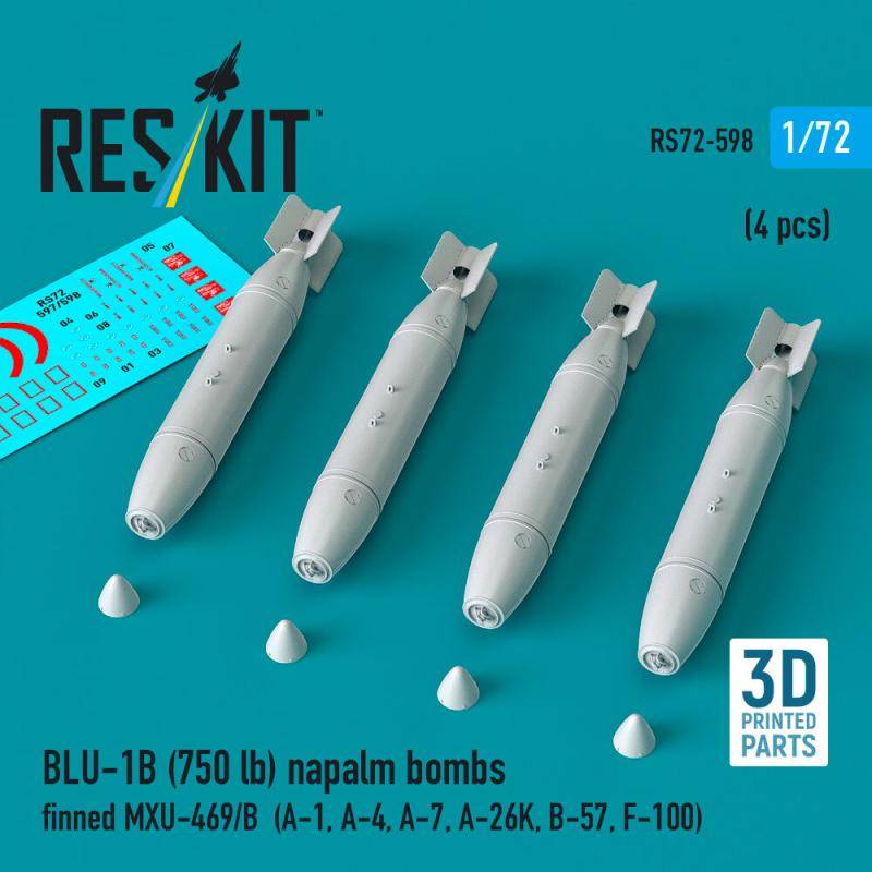 BLU-1B (750lb) napalm bombs finned MXU-469/B (4 pcs) (A-1, A-4, A-7, A-26K, B-57, F-100) (3D Printed) von ResKit Models