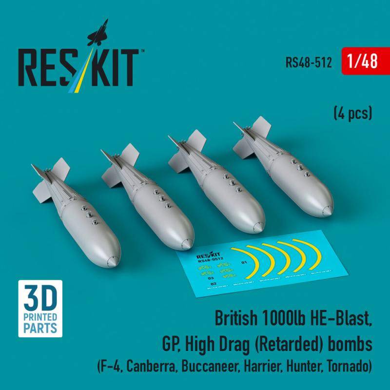British 1000lb HE-Blast, GP, High Drag (Retarded) bombs (4 pcs) (F-4, Canberra, Buccaneer, Harrier, Hunter, Tornado) (3D printed) von ResKit Models