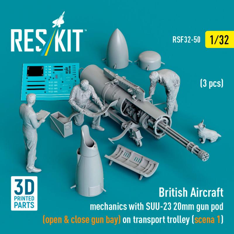 British Aircraft mechanics with SUU-23 20mm gun pod (open & close gun bay) on on transport trolley (scene 1) (3 pcs) (3D Printed) von ResKit Models