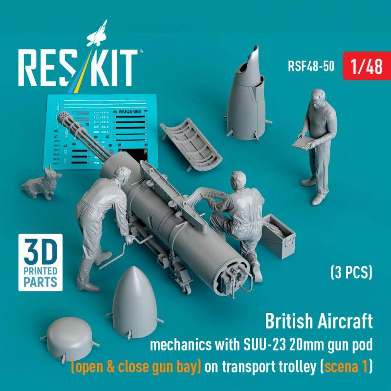 British Aircraft mechanics with SUU-23 20mm gun pod (open & close gun bay) on on transport trolley (scene 1) (3 pcs) (3D Printed) von ResKit Models