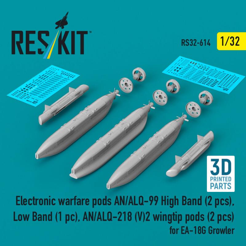 Electronic warfare pods AN/ALQ-99 High Band (2 pcs), Low Band, AN/ALQ-218 (V)2 wingtip pods (2 pcs) for EA-18G Growler (3D Printed) von ResKit Models