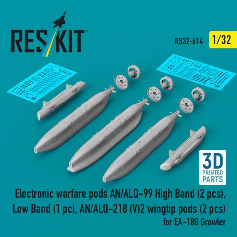 Electronic warfare pods AN/ALQ-99 High Band (2 pcs), Low Band, AN/ALQ-218 (V)2 wingtip pods (2 pcs) for EA-18G Growler (3D Printed) von ResKit Models