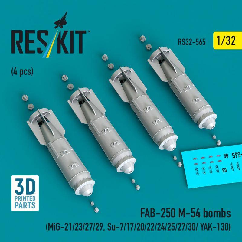 FAB-250 ?-54 bombs (4 pcs) (MiG-21/23/27/29, Su-7/17/20/22/24/25/27/30/ YAK-130) (3D Printed) von ResKit Models