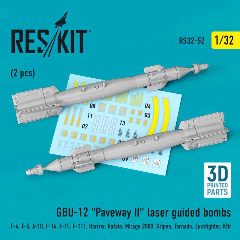 GBU-12 Paveway II laser guided bombs (2 pcs) (F-4, F-5, A-10, F-16, F-15, F-111, Harrier, Rafale, Mirage 2000, Gripen, Tornado, Eurofighter, Kfir) (3D Printed) von ResKit Models