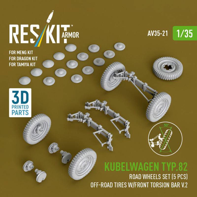Kubelwagen typ.82 - Road wheels set (5 pcs) off-road tires w/front torsion bar V.2 (3D Printed) [Meng / Dragon / Tamiya] von ResKit Models