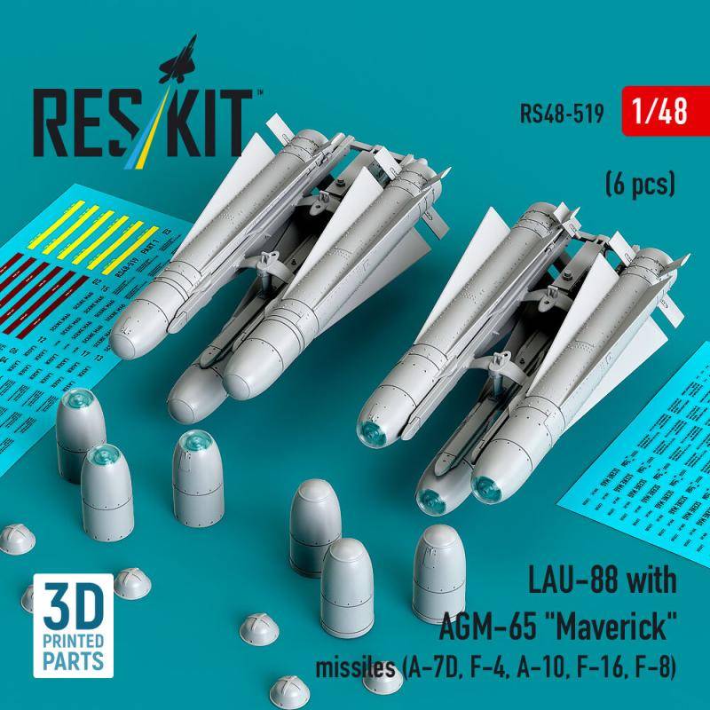 LAU-88 with (2 pcs) AGM-65 Maverick missiles (6 pcs) (A-7D, F-4, A-10, F-16) (3D Printed) von ResKit Models