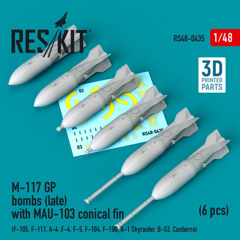 M-117 GP bombs (late) with MAU-103 conical fin (6 pcs) (F-105, F-111, A-4 ,F-4, F-5, F-104, F-100, A-1 Skyraider, B-52, Canberra) (3D Printed) von ResKit Models