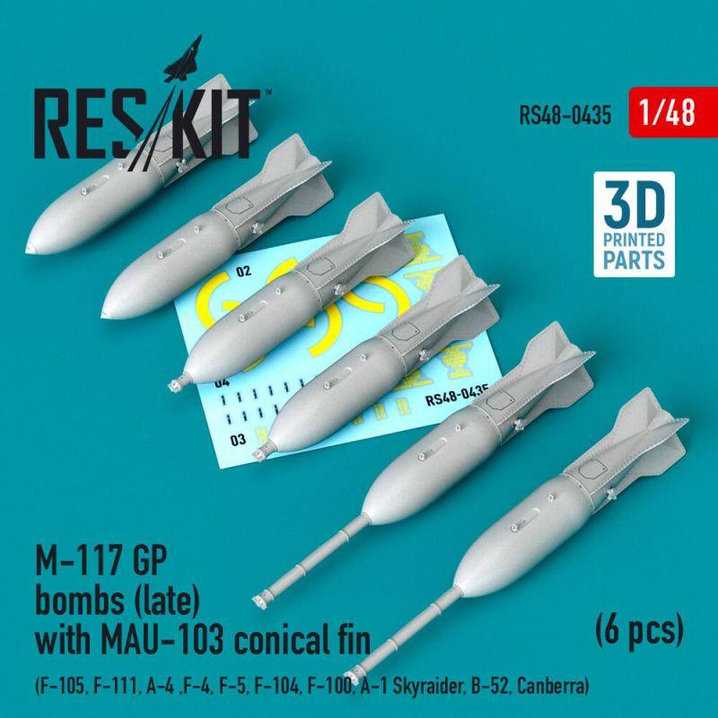 M-117 GP bombs (late) with MAU-103 conical fin (6 pcs) (F-105, F-111, A-4 ,F-4, F-5, F-104, F-100, A-1 Skyraider, B-52, Canberra) (3D Printed) von ResKit Models