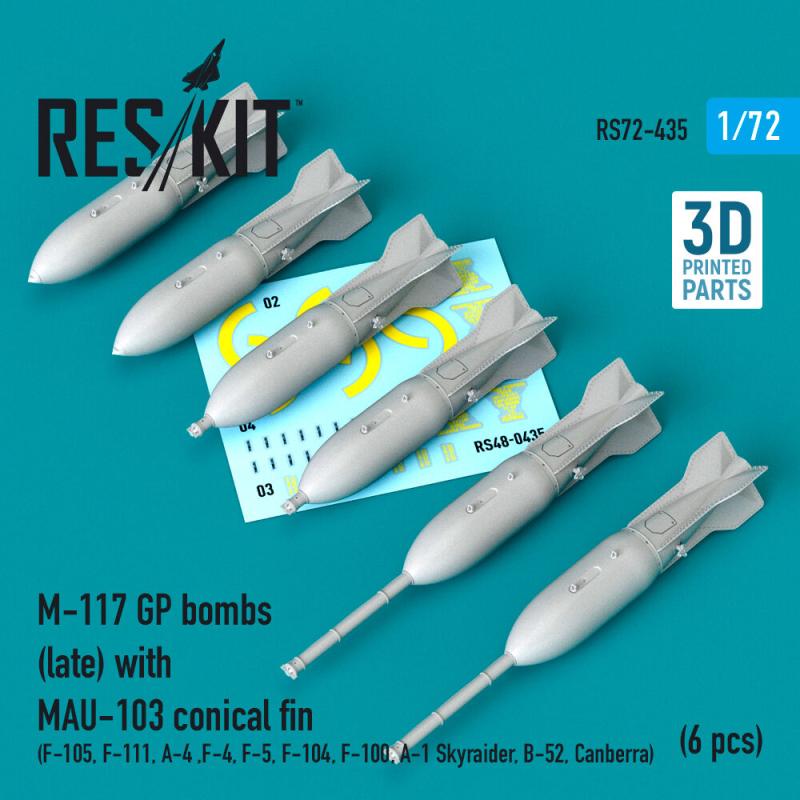 M-117 GP bombs (late) with MAU-103 conical fin (6 pcs) (F-105, F-111, A-4 ,F-4, F-5, F-104, F-100, A-1 Skyraider, B-52, Canberra) (3D Printed) von ResKit Models
