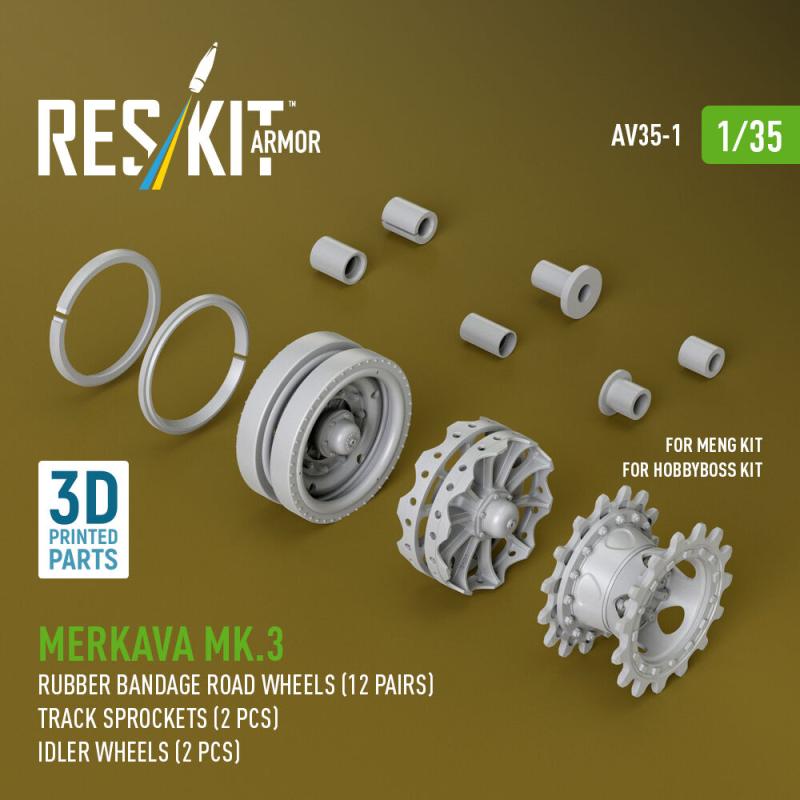 Merkava Mk.3 - Rubber bandage road wheels (12 pairs), Track sprockets (2 pcs), Idler wheels (2 pcs)  [HobbyBoss] von ResKit Models