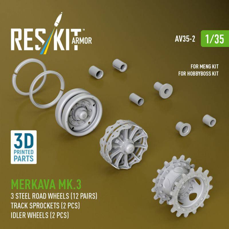 Merkava Mk.3 - Steel road wheels (12 pairs), Track sprockets (2 pcs), Idler wheels (2 pcs) [HobbyBoss] (3D Printed) von ResKit Models