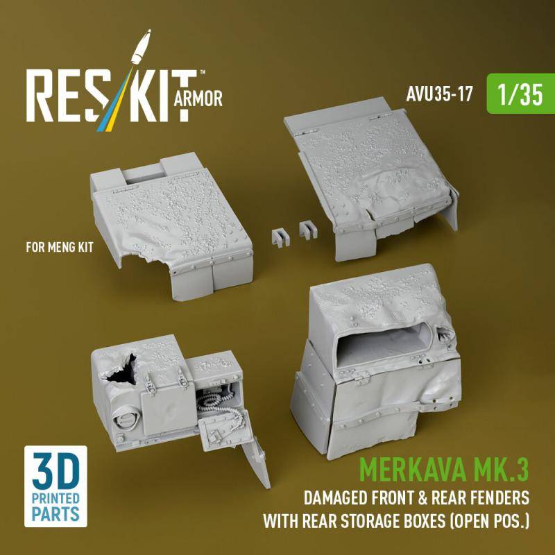 Merkava Mk.3 damaged front & rear fenders with rear storage boxes (open pos.) [Meng Models] (3D Printed) von ResKit Models