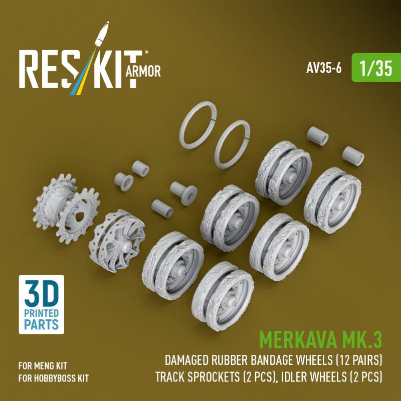 Merkava Mk.3 damaged rubber bandage wheels (12 pairs), track sprockets (2 pcs), idler wheels (2 pcs) for Meng/HobbyBoss kit (3D Printed) von ResKit Models