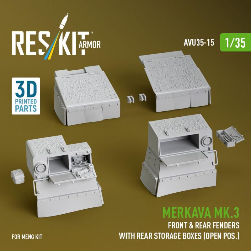 Merkava Mk.3 front & rear fenders with rear storage boxes (open pos.) [Meng Models] (3D Printed) von ResKit Models