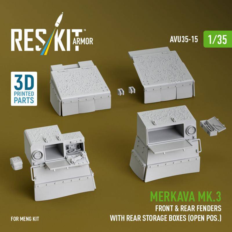 Merkava Mk.3 front & rear fenders with rear storage boxes (open pos.) [Meng Models] (3D Printed) von ResKit Models