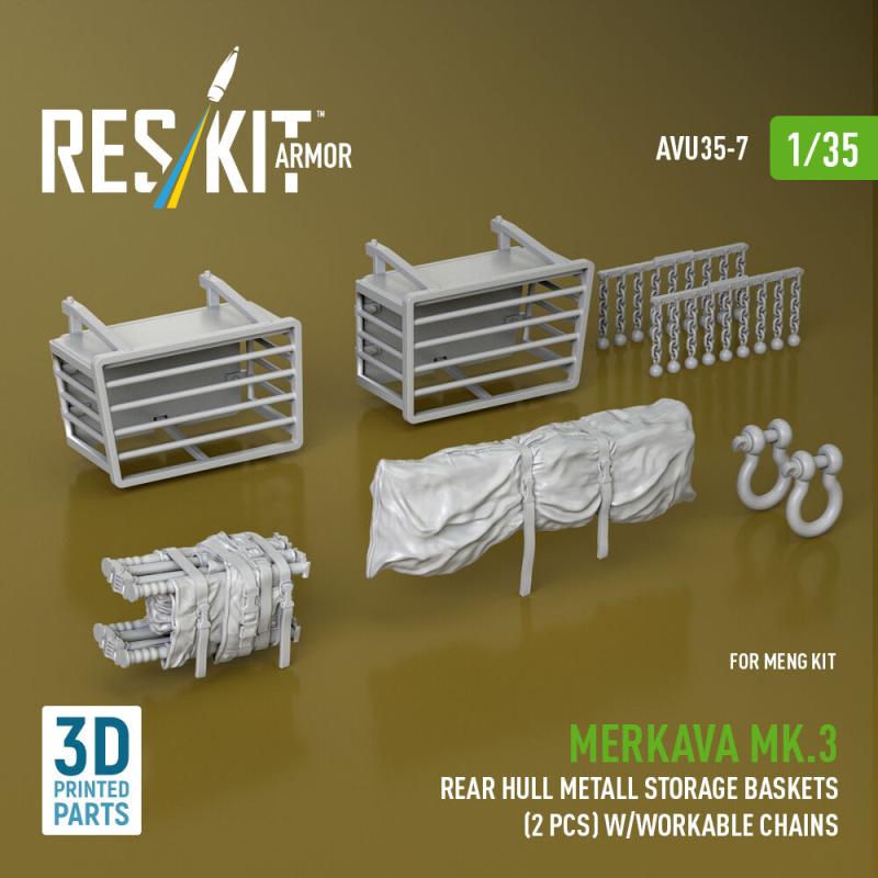 Merkava Mk.3 rear hull metall storage baskets (2 pcs) w/workable chains for Meng kit (3D Printed) von ResKit Models
