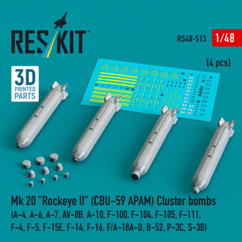 Mk 20 Rockeye II (CBU-59 APAM) Cluster bombs (A-4, A-6, A-7, AV-8B, A-10, F-100, F-104, F-105, F-111, F-4, F-5, F-15E, F-14, F-16, F/A-18A-D, B-52, P-3C, S-3B) (4 pcs) (3D Printed) von ResKit Models