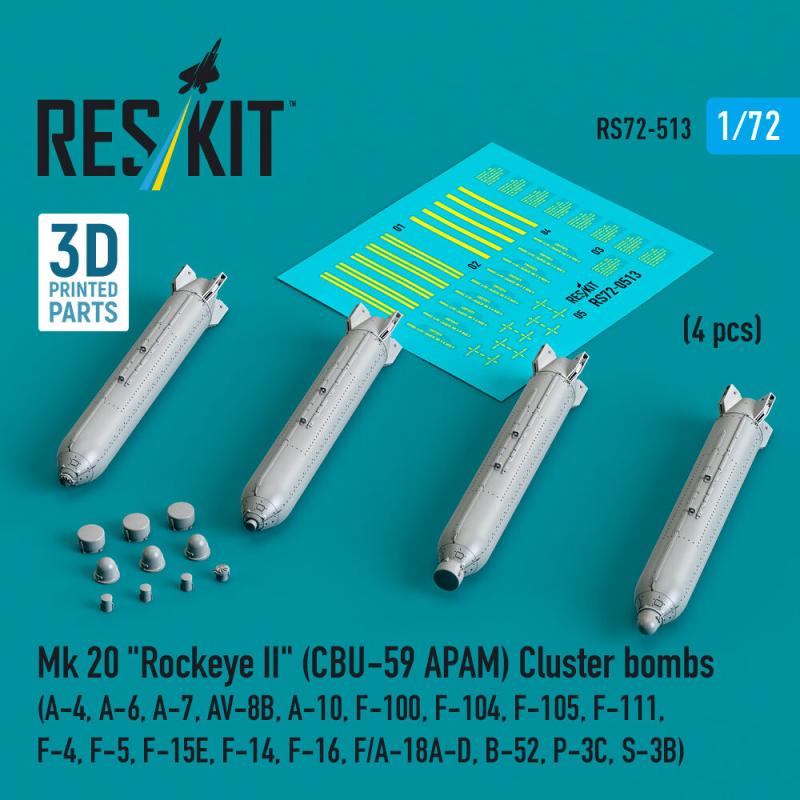 Mk 20 Rockeye II (CBU-59 APAM) Cluster bombs (A-4, A-6, A-7, AV-8B, A-10, F-100, F-104, F-105, F-111, F-4, F-5, F-15E, F-14, F-16, F/A-18A-D, B-52, P-3C, S-3B) (4 pcs) (3D Printed) von ResKit Models