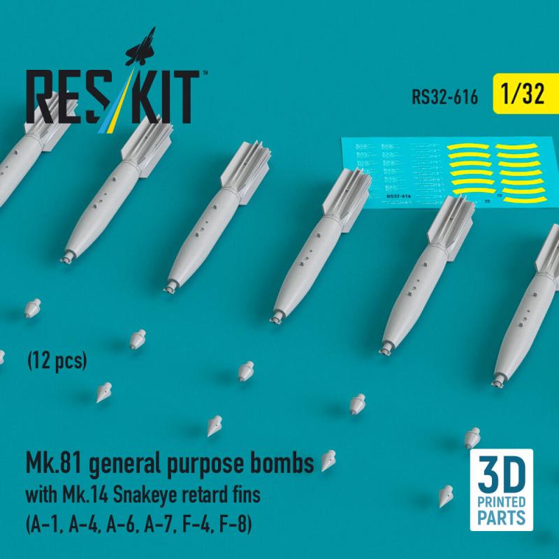 Mk.81 general purpose bombs with Mk.14 Snakeye retard fins (12 pcs) (A-1, A-4, A-6, A-7, F-4, F-8) (3D Printed) von ResKit Models