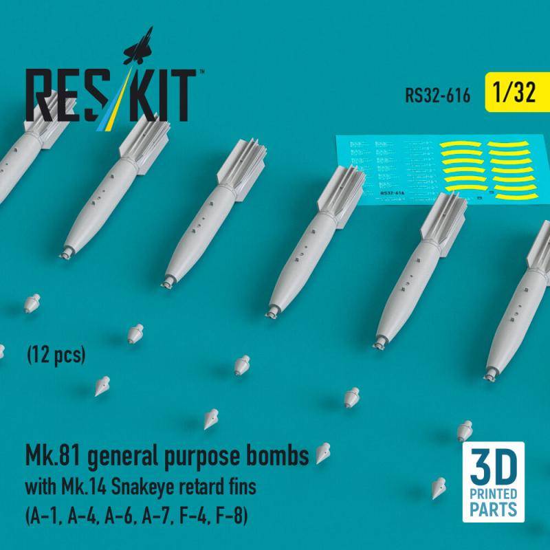 Mk.81 general purpose bombs with Mk.14 Snakeye retard fins (12 pcs) (A-1, A-4, A-6, A-7, F-4, F-8) (3D Printed) von ResKit Models