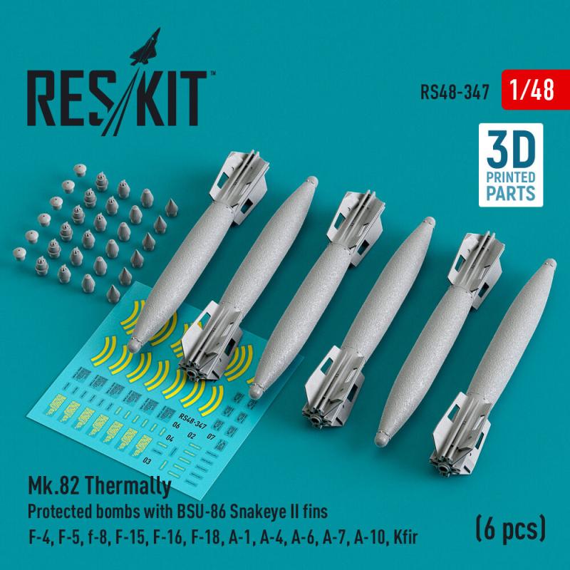 Mk.82 thermally protected bombs with BSU-86 Snakeye II fins (6 pcs) (F-4, F-5, F-8, F-15, F-16, F-18, A-1, A-4, A-6, A-7, A-10, Kfir) (3D Printed) von ResKit Models