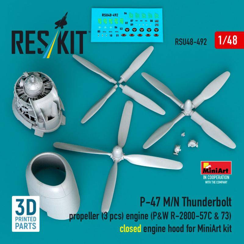 P-47 M/N Thunderbolt propeller (3 pcs), engine (P&W R-2800-57C & 73) closed engine hood for MiniArt kit (3D Printed) von ResKit Models