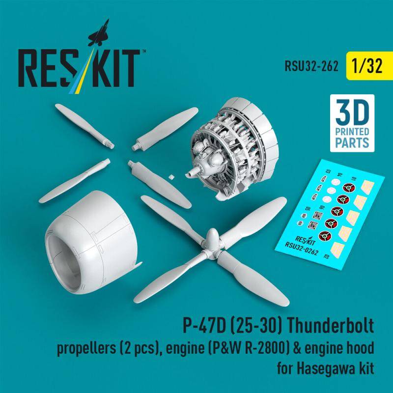 P-47D (25-30) Thunderbolt - Propellers (2 pcs), engine (P&W R-2800) & engine hood (3D Printed) [Hasegawa] von ResKit Models