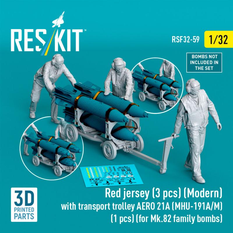Red jersey (3 pcs) (Modern) with transport trolley AERO 21A (MHU-191A/M) (1 pcs) (for Mk.82 family bombs) (3D Printed) von ResKit Models