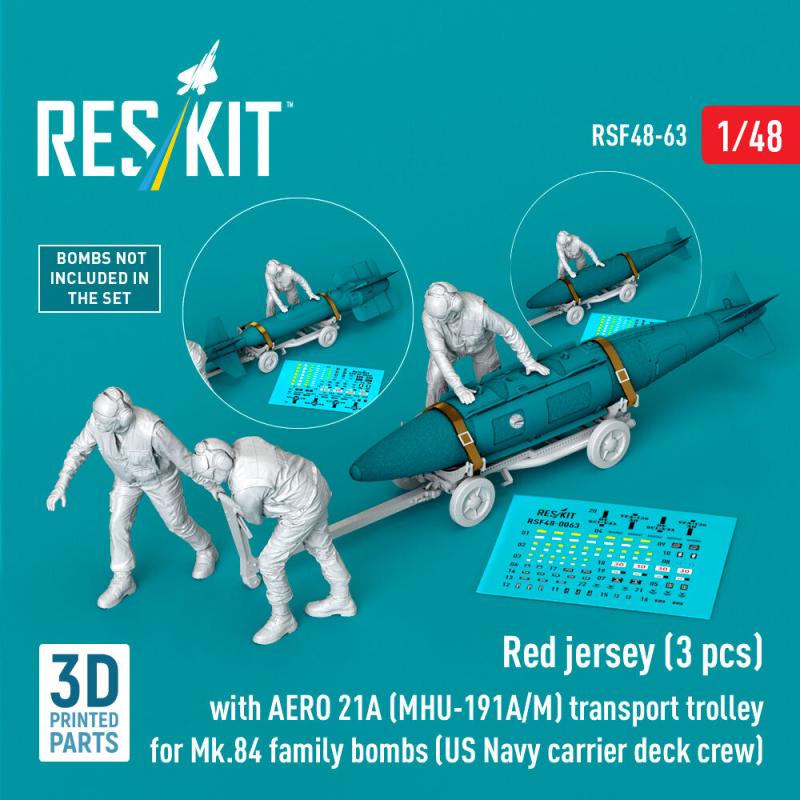 Red jerseys (3 pcs) with AERO 21A (MHU-191A/M) transport trolley for Mk.84 family bombs (US Navy carrier deck crew) (3D Printed) von ResKit Models