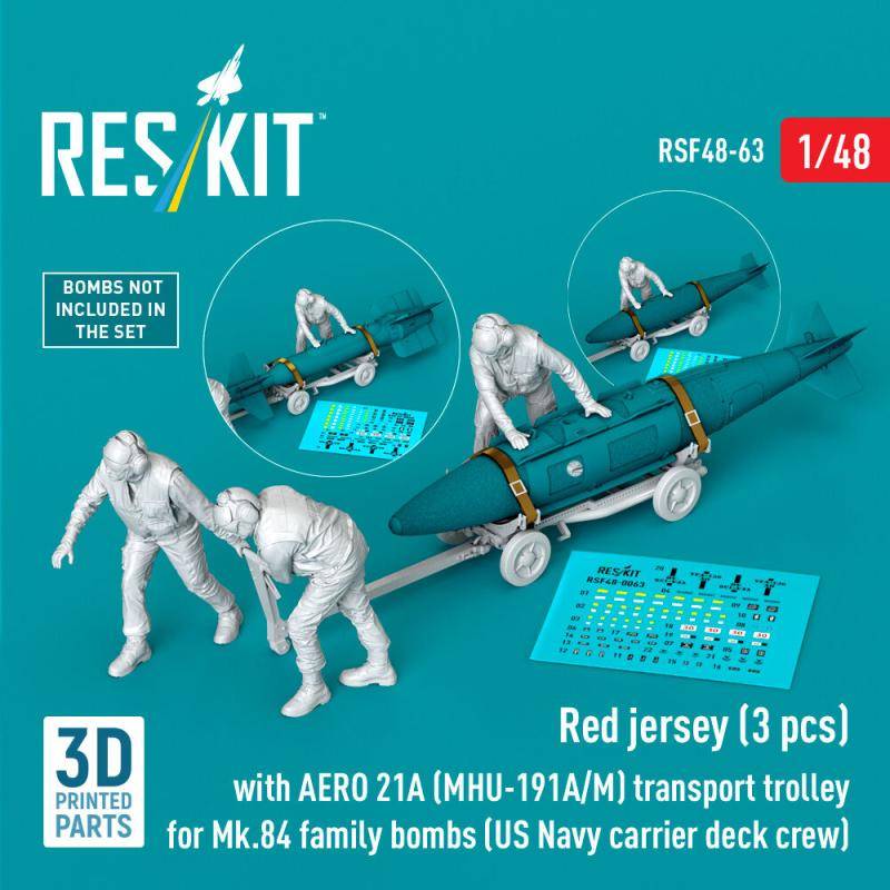 Red jerseys (3 pcs) with AERO 21A (MHU-191A/M) transport trolley for Mk.84 family bombs (US Navy carrier deck crew) (3D Printed) von ResKit Models