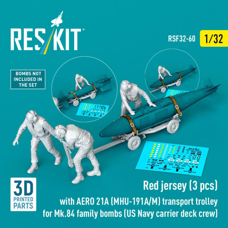 Red jerseys (3 pcs) with AERO 21A (MHU-191A/M) transport trolley for Mk.84 family bombs (US Navy carrier deck crew) (3D Printed) von ResKit Models