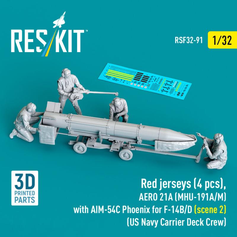 Red jerseys (4 pcs), AERO 21A (MHU-191A/M) with AIM-54C Phoenix for F-14B/D (scene 2) (US Navy Carrier Deck Crew) (3D Printed) von ResKit Models