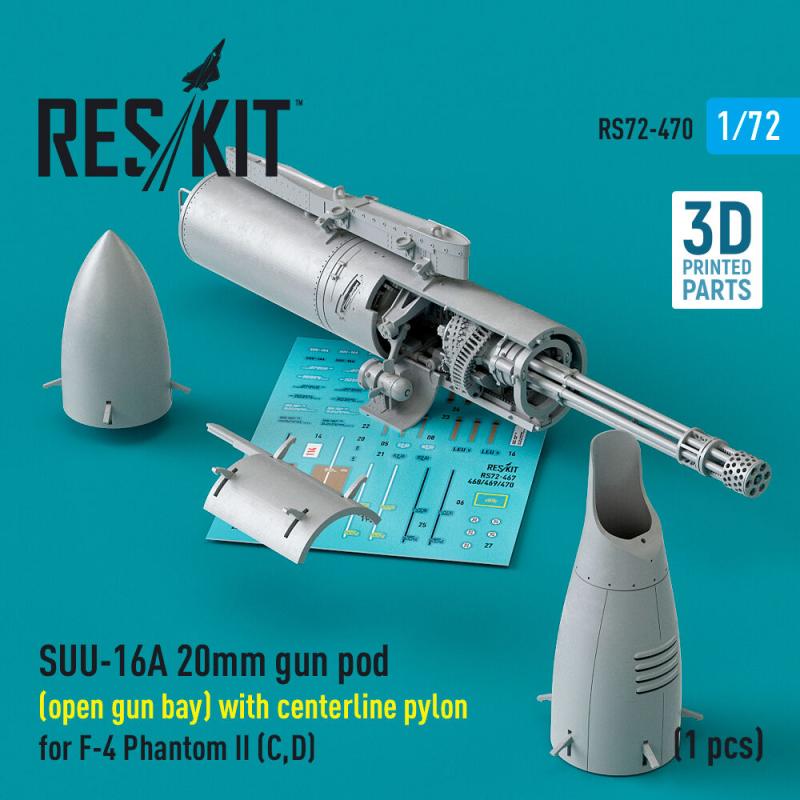 SUU-16A 20mm gun pod (open gun bay) with centerline pylon for F-4 Phantom II (C,D) (1 pcs) (3D Printed) von ResKit Models