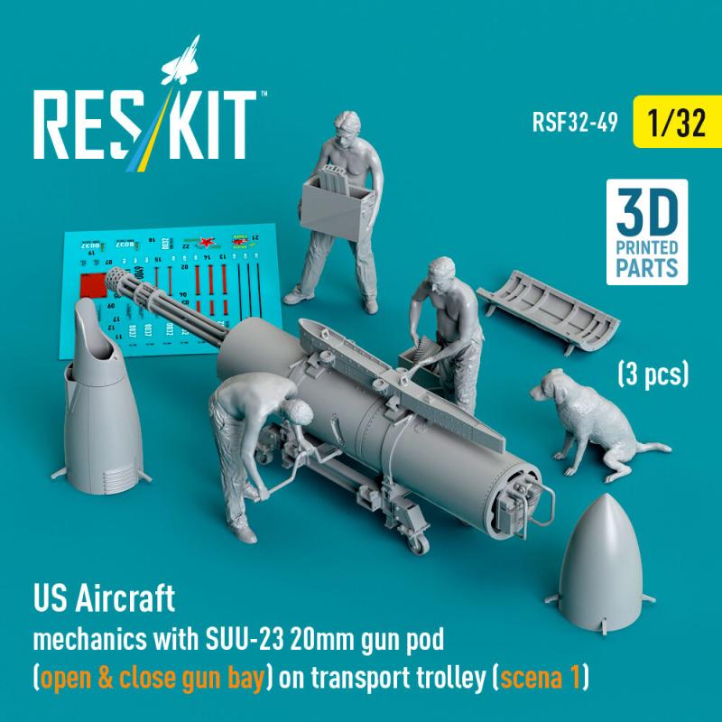 US Aircraft mechanics with SUU-23 20mm gun pod (open & close gun bay) on transport trolley (scene 1) (3 pcs) (3D Printed) von ResKit Models