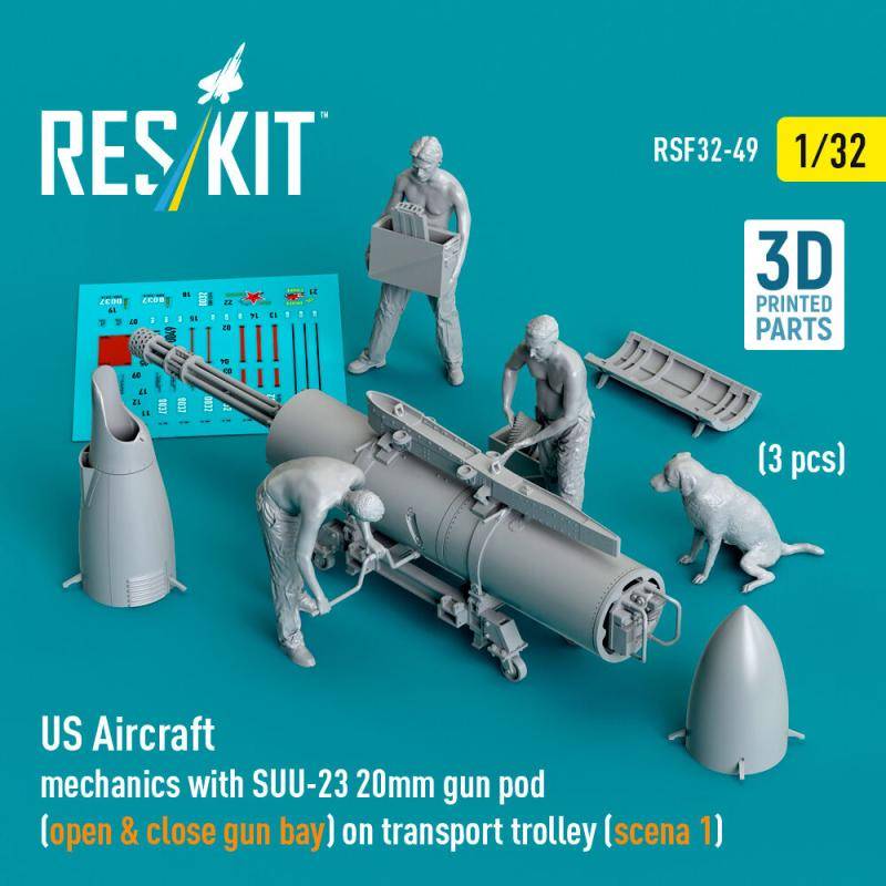 US Aircraft mechanics with SUU-23 20mm gun pod (open & close gun bay) on transport trolley (scene 1) (3 pcs) (3D Printed) von ResKit Models