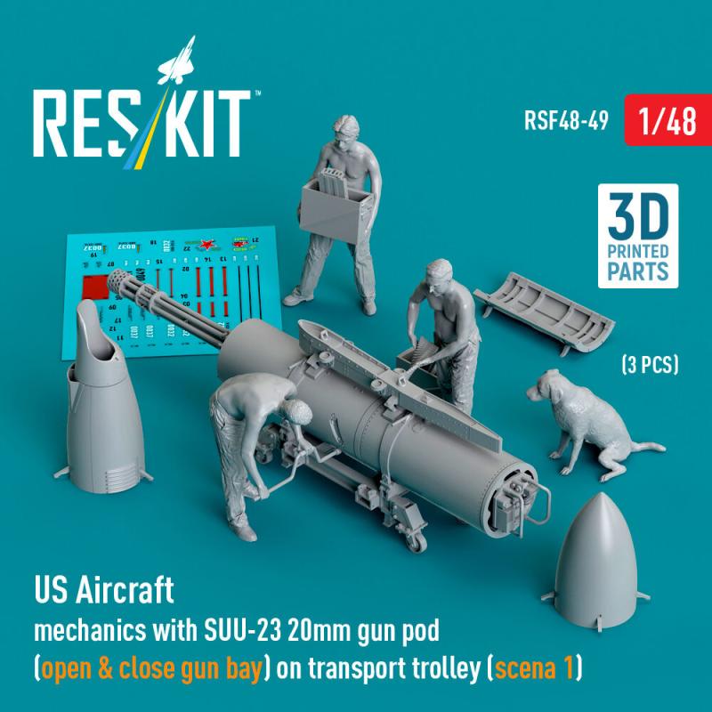 US Aircraft mechanics with SUU-23 20mm gun pod (open & close gun bay) on transport trolley (scene 1) (3 pcs) (3D Printed) von ResKit Models