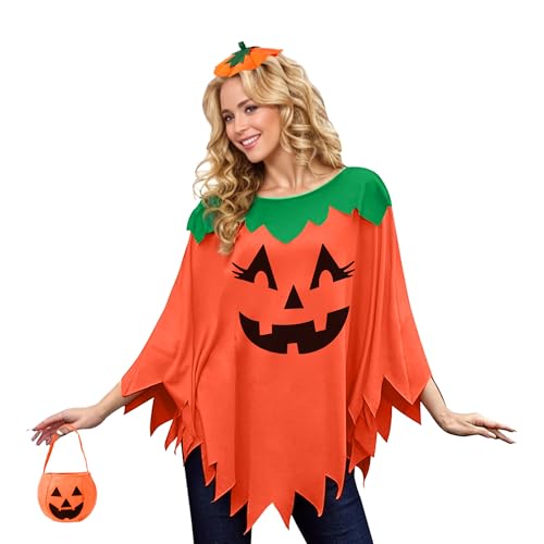 Halloween Damen Poncho Kostüm Umhang - Orange Kürbis mit Stirnband für Mottoparty, Festliches & Verspieltes Accessoire für Gruselnächte von Reskribe