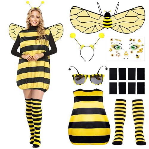Reskribe Biene Kostüm für Damen Hummel Kostum für Erwachsene, Bee Costume for Women Bumblebee Cosplay Outfit, Faschingskostüme Damen Biene mit Flügel Antenne Beinärmel für Halloween Karneval (XL) von Reskribe