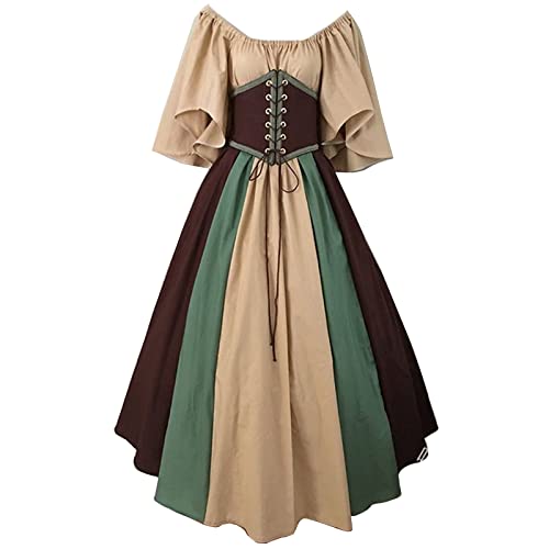 Resnan Damen Cosplay Kostüme Mittelalter Irisches Kleid Renaissance Kostüm Trompetenärmel Gothic Retro Kleid Boho Set Hohe Taille (Braun, L) von Resnan