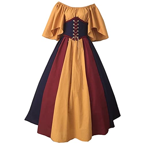 Resnan Damen Cosplay Kostüme Mittelalter Irisches Kleid Renaissance Kostüm Trompetenärmel Gothic Retro Kleid Boho Set Hohe Taille (Gelb, L) von Resnan