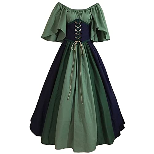 Resnan Damen Cosplay Kostüme Mittelalter Irisches Kleid Renaissance Kostüm Trompetenärmel Gothic Retro Kleid Boho Set Hohe Taille (Grün, L) von Resnan