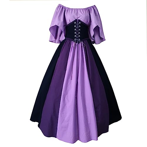 Resnan Damen Cosplay Kostüme Mittelalter Irisches Kleid Renaissance Kostüm Trompetenärmel Gothic Retro Kleid Boho Set Hohe Taille (Lila, L) von Resnan