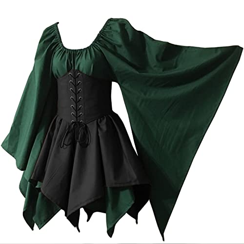 Resnan Damen Renaissance-Mittelalter-Kostüm, ausgestellte Ärmel, Korsett-Rock, Überrock, irisches Kleid, 2-teiliges Set (47 Grün, L) von Resnan