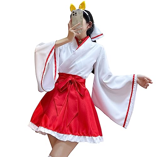 Resnan Japanischer Kimono Kostüm für Damen Anime Miko Cosplay Outfit Rot Weiß Hexe Rollenspiel Mädchen (Weiß Rot, Extra groß) von Resnan