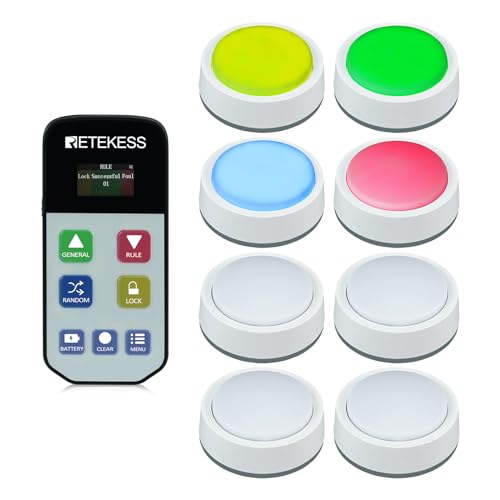Retekess TM102 Quiz Buzzer System, 3 Modi Countdown/Sprint/Zufall, Batteriewarnung, Bis Zu 32 Tasten Können Hinzugefügt Werden, Geeignet für Schulklassenwettbewerbe, Tests, 1 Host,8 Tasten von Retekess