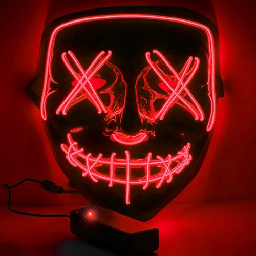 Retoo Halloween LED Maske mit 3 Beleuchtungsmodi, Scary Neon Purge Maske im Dunkeln Leuchtend für Herren & Damen, Grusel Maske für Kostümspiele, Feste, Cosplays, Karneval und Partys (Rot) von Retoo
