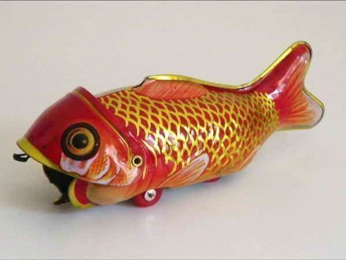Blechspielzeug zum Aufziehen tin toys wind up-Spielzeug großer Fisch frisst kleinen Fisch rot gold schwarz(Einfuhr aus Hong Kong ) von Retro Toys