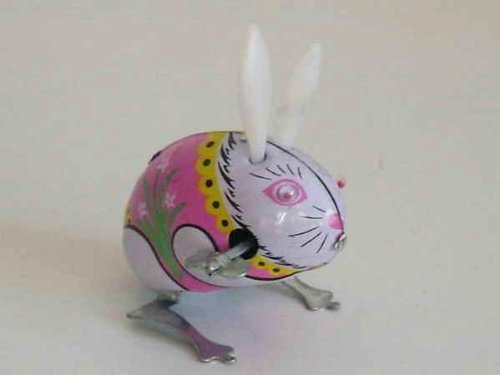 Blechspielzeug zum Aufziehen tin toys wind up-hüpfender Hase rosa gelb Spielzeug(Einfuhr aus Hong Kong ) von Retro Toys