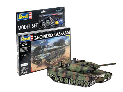 Revell Modellbausatz Militär I Leopard 2A6/A6M I Maßstab 1:72 I Level 4 Bausatz I Teileanzahl 168 I ab 12+ Jahren I für Kinder und Erwachsene I Kleber Farben und Pinsel enthalten I Panzerbausatz von Revell