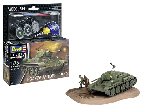 Revell Modellbausatz T-34/76 Modell 1940 | Legendärer sowjetischer Panzer | Drehbarer Turm & Vinylkette | Zubehör inkl. Kleber und Pinsel von Revell Modellbau
